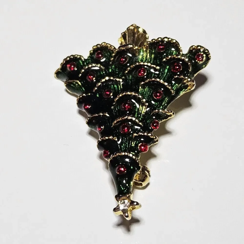 Christmas Tree Green Enamel Gold Tone Vintage Brooch Pin